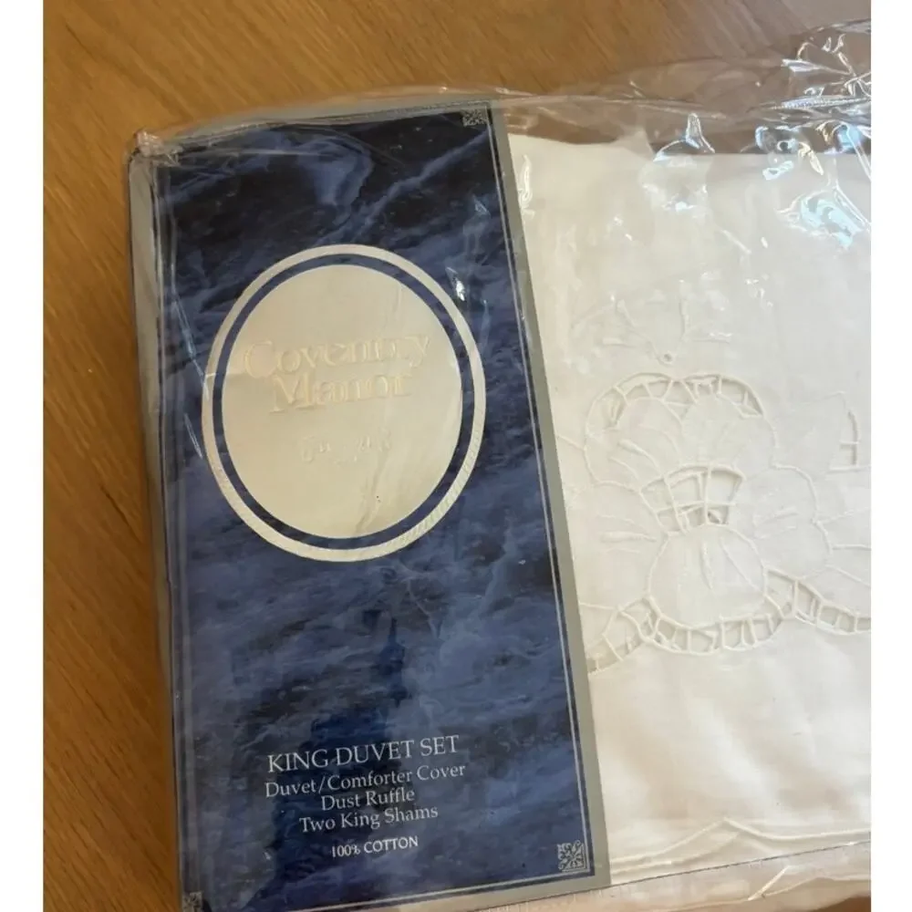 Coventry Manor Victoria King Duvet Set White 100% Cotton NEW Sealed 4 Pc
